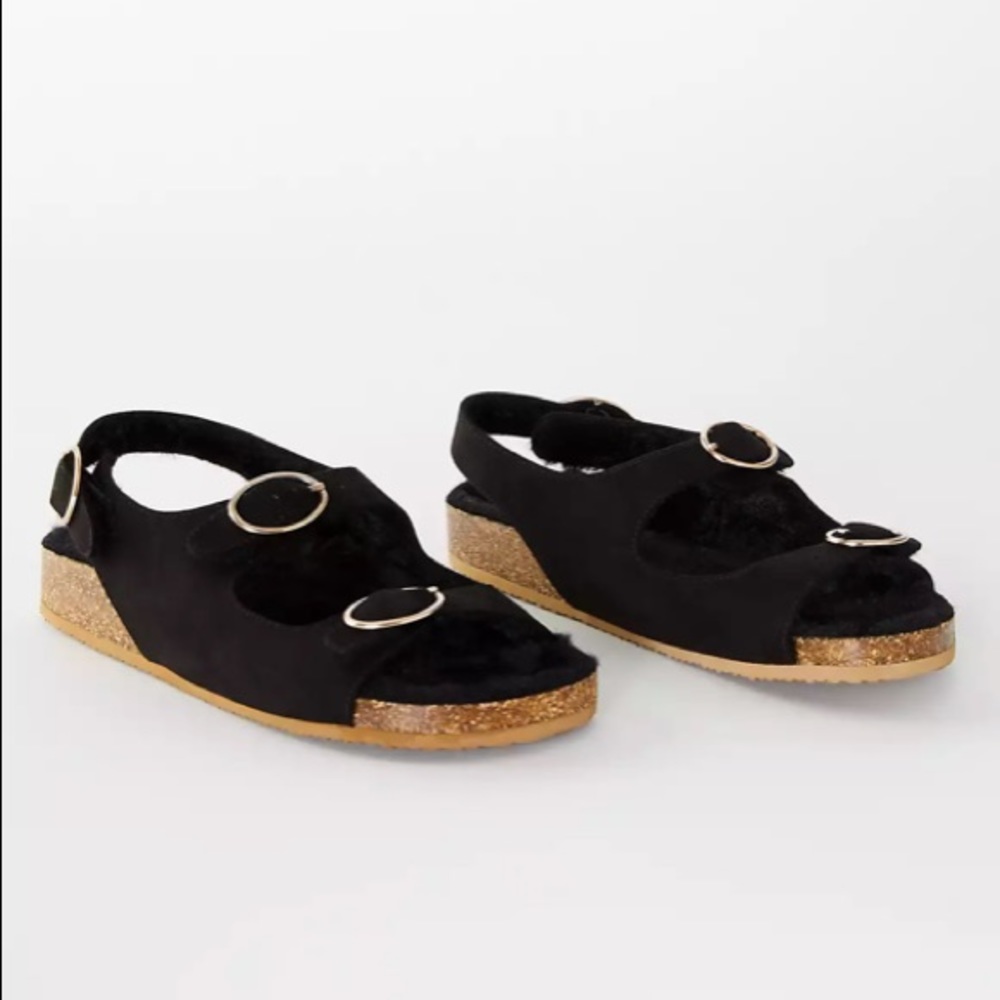 Loft Sherpa Lined Buckle Sandals in Black Sizes 7 & 9.5 Cozy Leisure